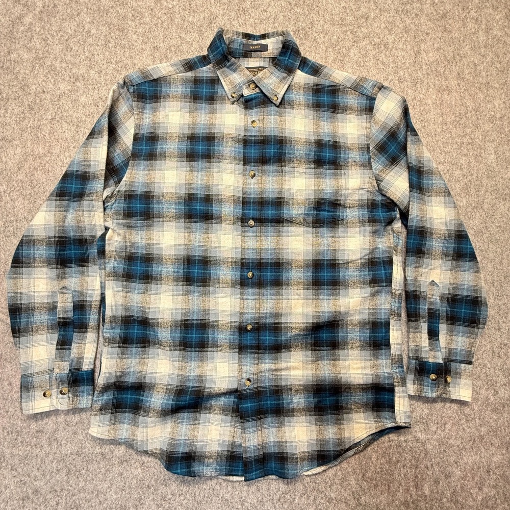 Pendleton Mason Flannel Shirt Mens Medium Blue Plaid Cotton Button Down Vintage